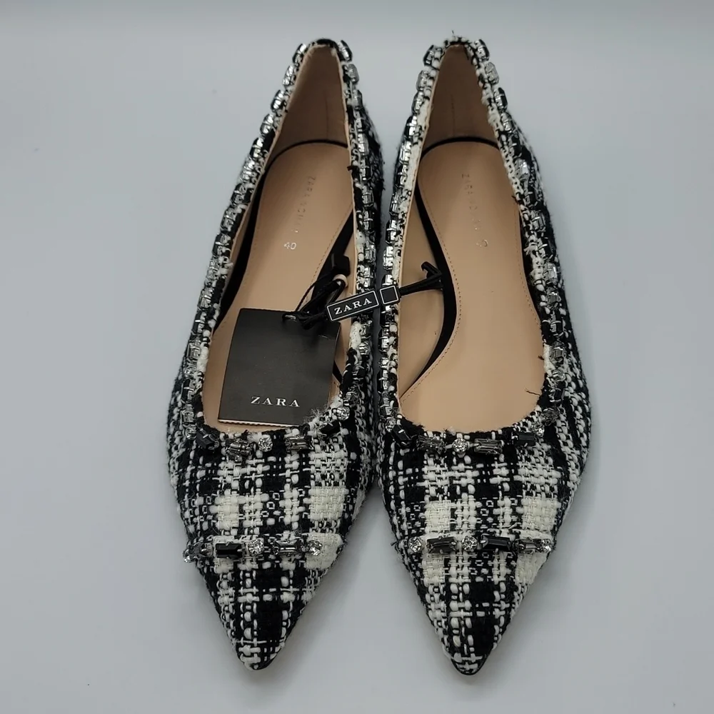 Zara woman tweed with rhinestones embellishments pointed shoes size 40 - Picture 2 of 7